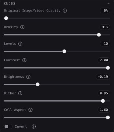 Knobs panel showing Density 91%, Levels 10, Contrast 2.00, Brightness -0.19, Dither 0.95, Cell Aspect 1.60 and original opacity 0%.