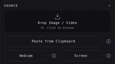 Source panel with the Drop Image / Video upload area.