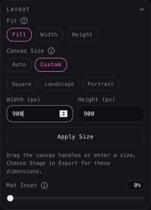 Layout panel showing Fill, Custom canvas and Width 900 and Height 900.