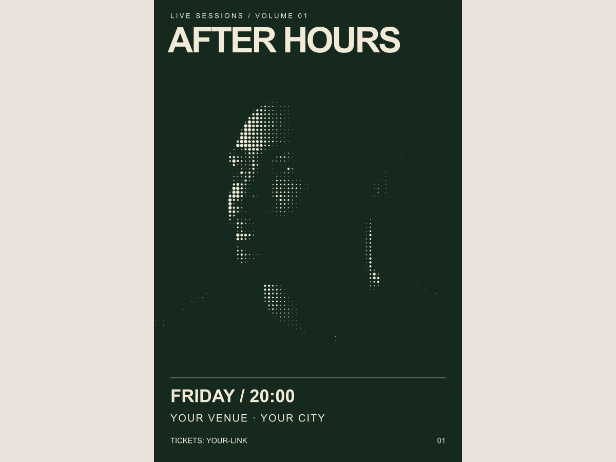 Finished fictional gig poster demonstrating a large event name above the portrait and clearly separated time, venue and ticket information below.
