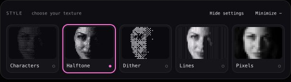 The editor’s Style picker with Halftone selected between Characters and Dither.