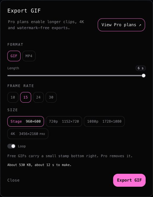 Export GIF dialog showing 6 seconds, 15 frames per second, Stage 960 by 600 and Loop enabled.