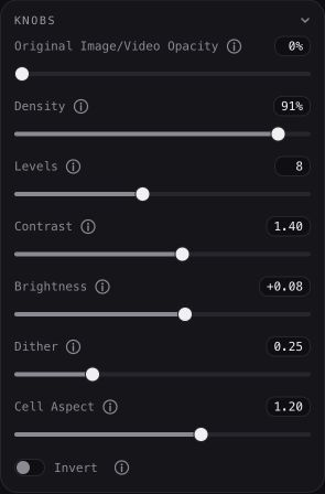 The screen-recording Knobs panel with Density 91%, Levels 8, Contrast 1.40, Brightness +0.08 and Dither 0.25.